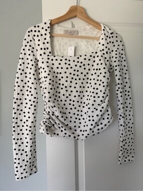 LOFT White and Black Polka Dot Long-Sleeve Square Neck Top